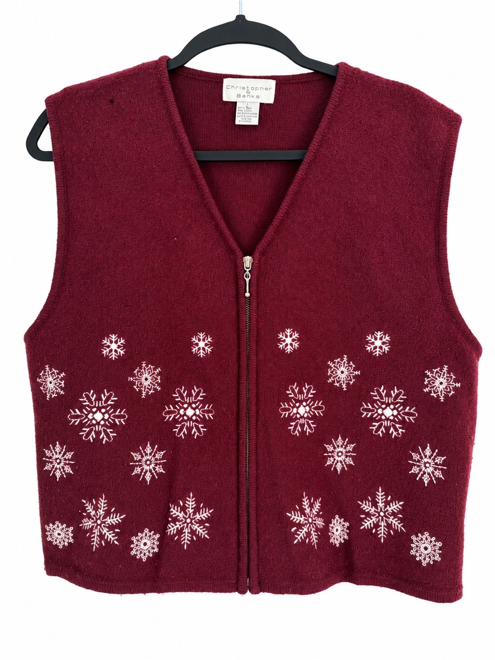 Christopher & Banks Womens 100% Wool Snowflake Zip V-Neck Vest Burgundy Holiday